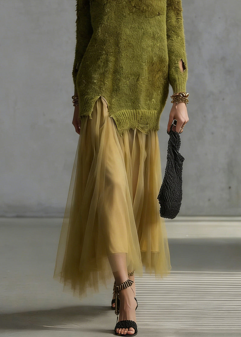 Green O Neck Tulle Patchwork Knit Dresses Spring