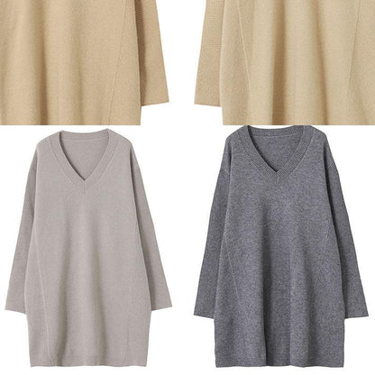 Fall Dark Gray Sweaters Oversized V Neck Blouse