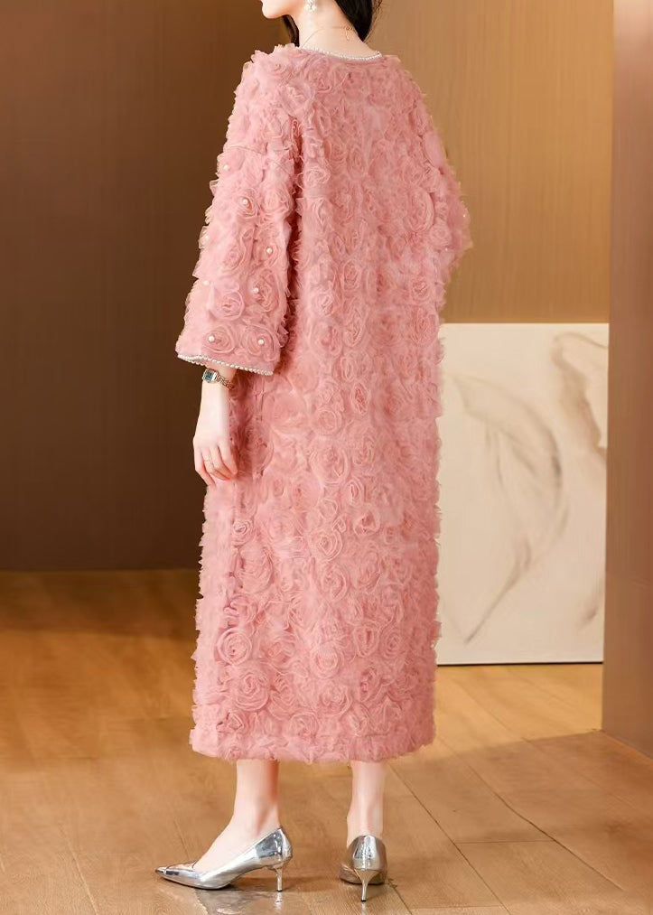 Pink V Neck Nail Bead Tulle Long Dresses Spring