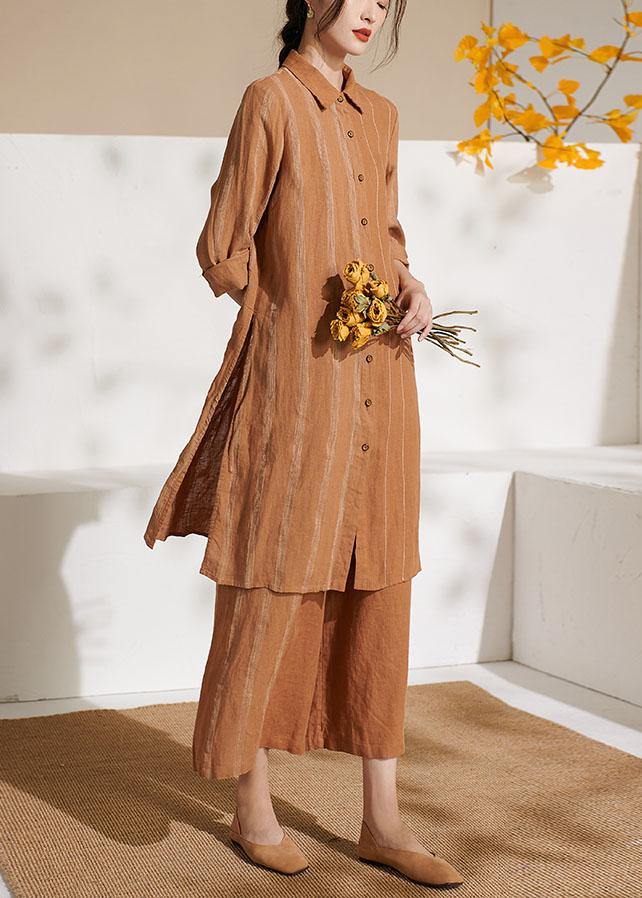 Caramel Side Open Long Shirts Wide Leg Summer Linen Two Pieces Set