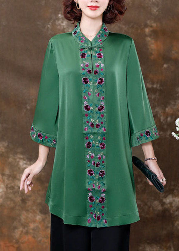Green Embroideried Patchwork Silk Shirts Spring