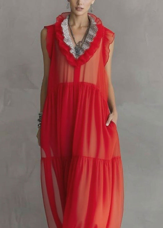 Red Ruffled Patchwork Chiffon Long Dress Sleeveless