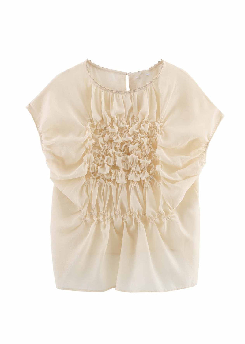 Apricot O-neck Wrinkled Chiffon Top Summer