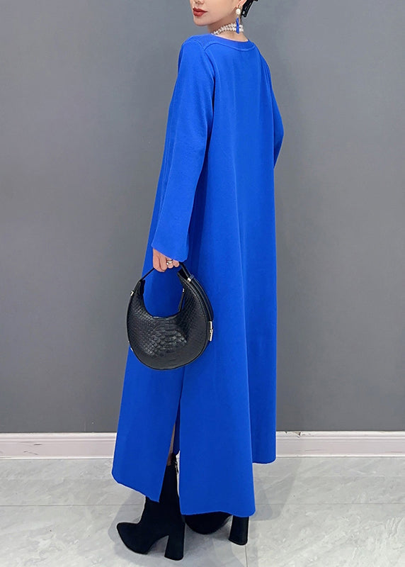 Royal Blue O Neck Side Open Cotton Long Dresses Flare Sleeve