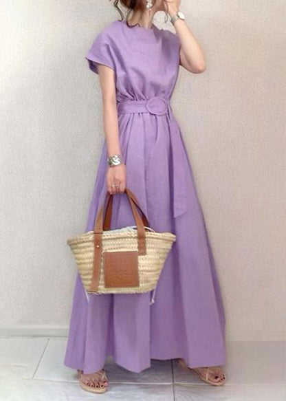 Boutique Purple O-neck Exra Large Hem Cotton Long Cinched Dress Short Sleeve