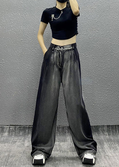 Black Grey Pockets Patchwork Denim Wide Leg Pants Fall