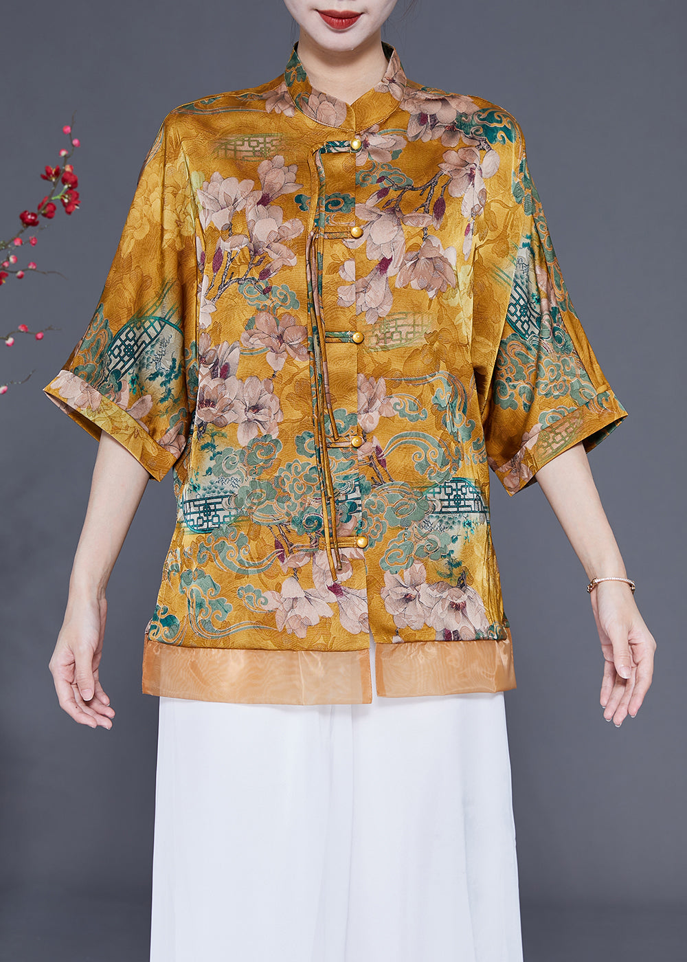 Yellow Stand Collar Patchwork Tassel Silk Blouses Half Sleeve