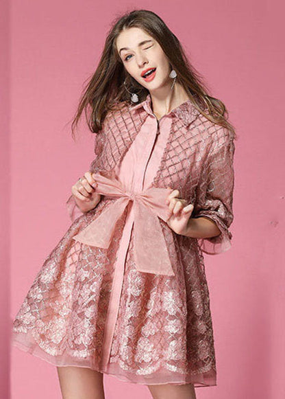 Pink Peter Pan Collar Bow Organza Day Dress Spring