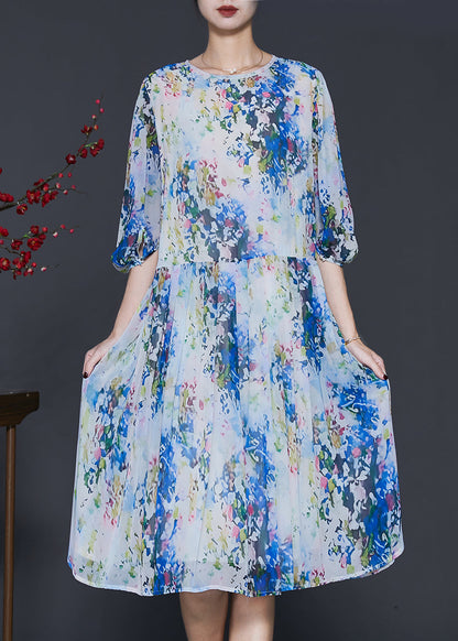 Blue Print Chiffon Mid Dress Lantern Sleeve
