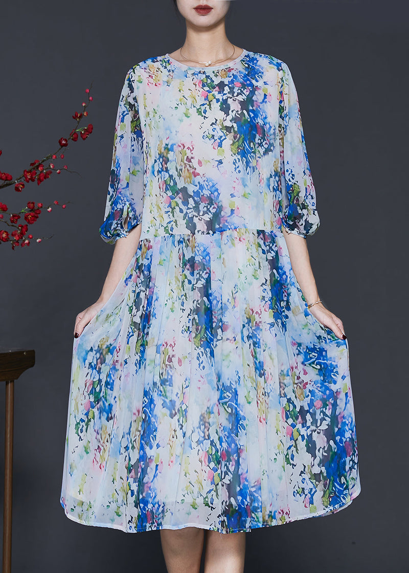 Blue Print Chiffon Mid Dress Lantern Sleeve