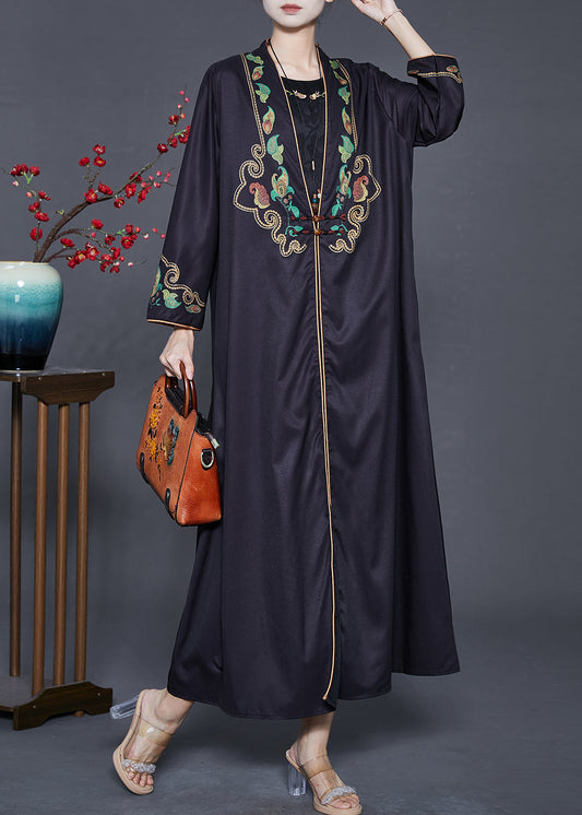 Black Embroidered Chinese Button Silk Two Pieces Set Fall