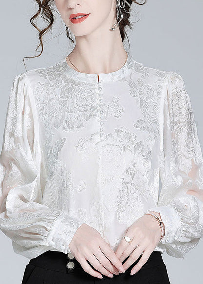 White O-neck Button Jacquard Slik Shirt Spring