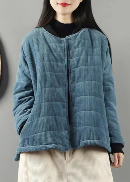 Blue Stand Collar Pockets Fine Cotton Filled Coats Winter