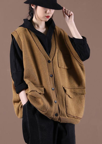 Camel Knitted Waistcoat V Neck Sweatar Vest