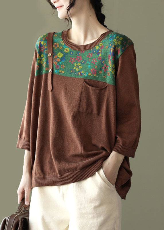 Loose Chocolate O-neck Button Patchwork Print Knit Tops Long Sleeve