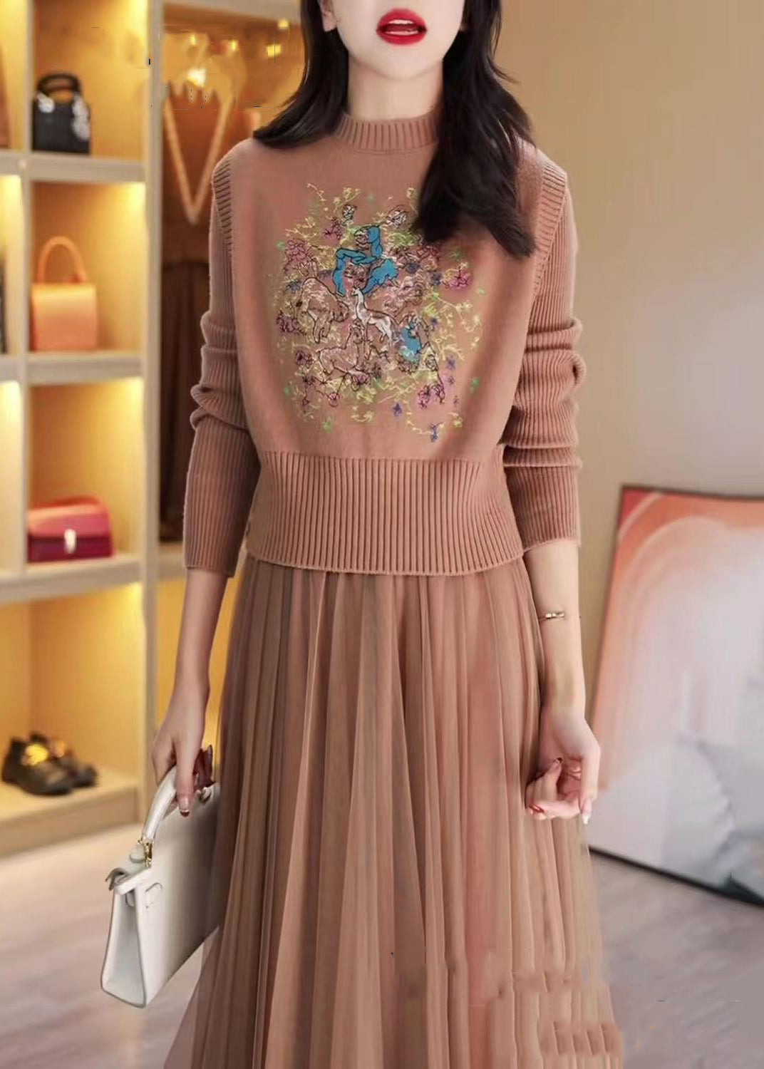 Khaki Embroidered Tulle Patchwork Knit Two Pieces Set Winter