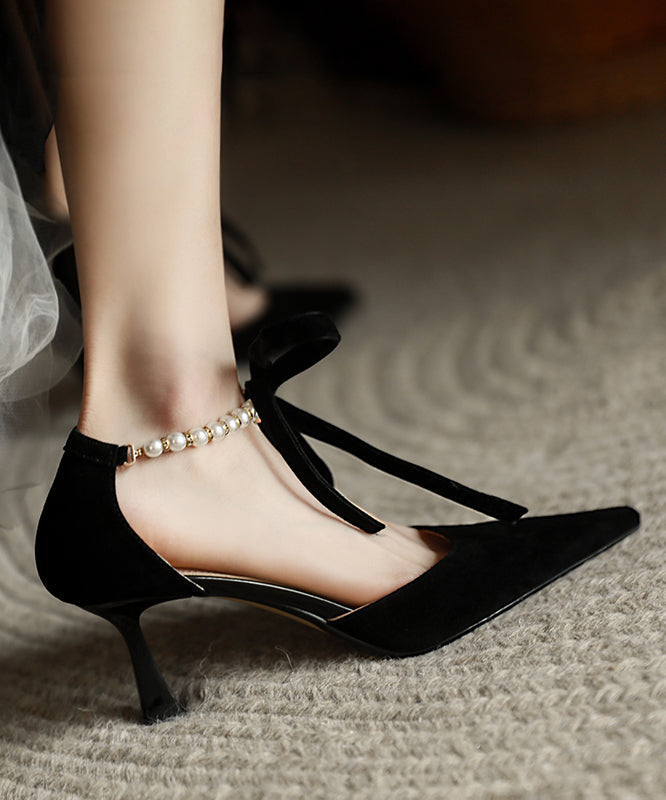 Coffee Suede High Heels Splicing Beading Bow