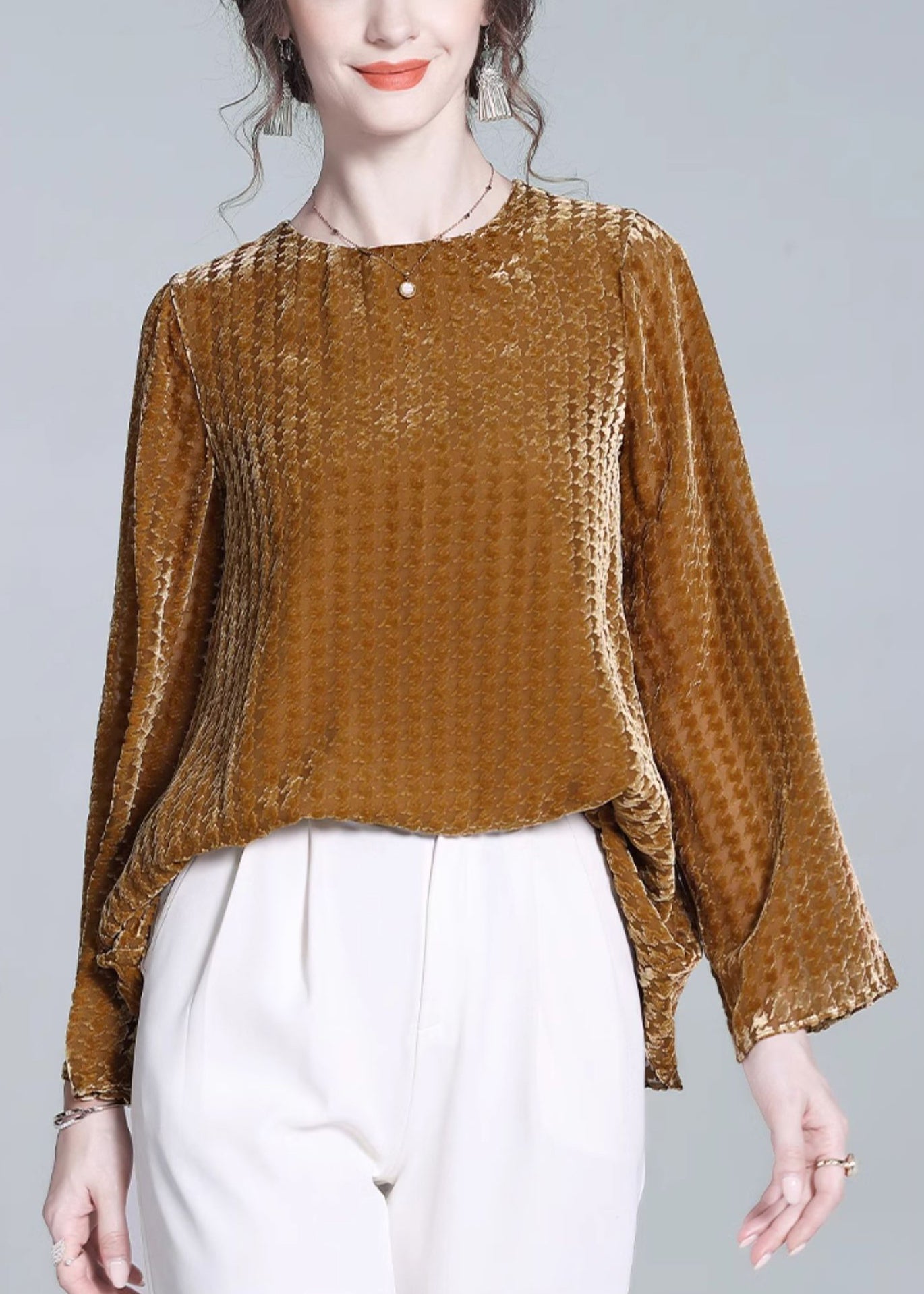 Yellow O Neck Silk Velour T Shirts Flare Sleeve