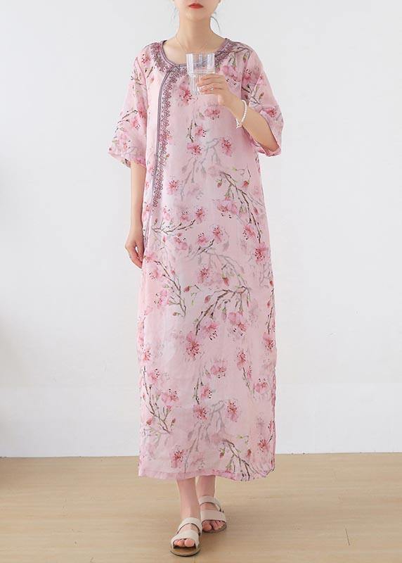 Stylish Pink Print Oriental Summer Linen Dress