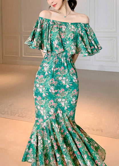Green Slash Neck Print Long Fishtail Dress Short Sleeve