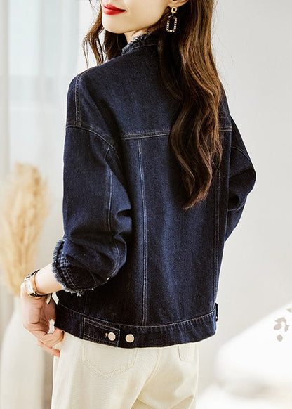 Dark Blue O-neck Pockets Patchwork Denim Coats Fall