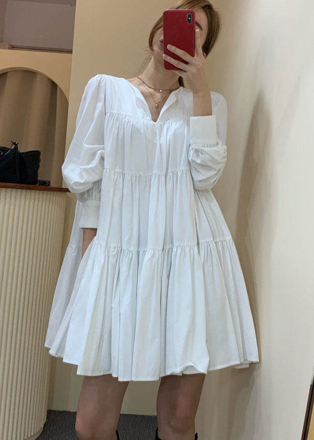 White V Neck Patchwork Wrinkled Cotton Dress Long Sleeve