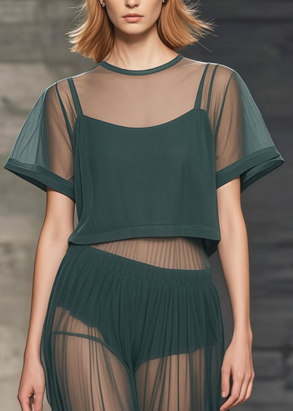 Tea Green Patchwork Tulle Sheer Two Piece Set Clothing Summer