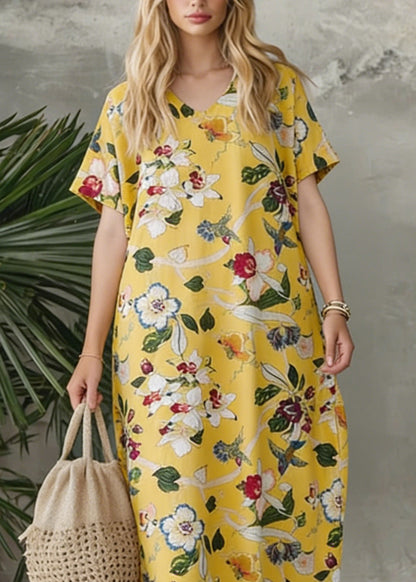 Yellow V Neck Print Loose Cotton Dress Summer