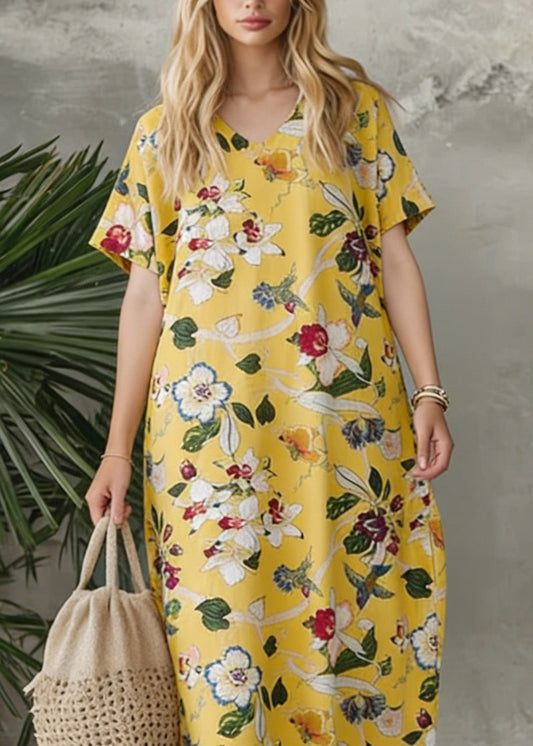 Yellow V Neck Print Loose Cotton Dress Summer