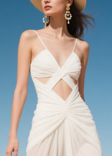 White Hollow Out Chiffon Dinner Dress Summer