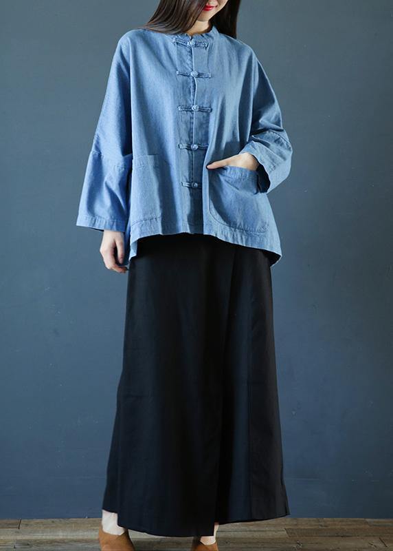 Loose Stand Collar Chinese Button Clothes for Sleeve Denim Light Blue Shirts
