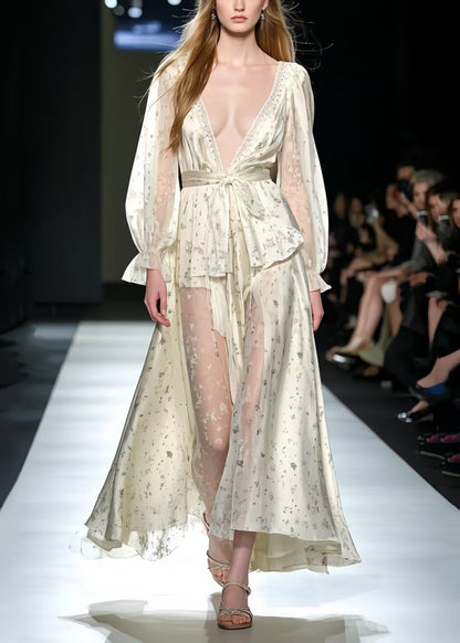 Apricot Deep-v Print Silk Holiday Dress Summer
