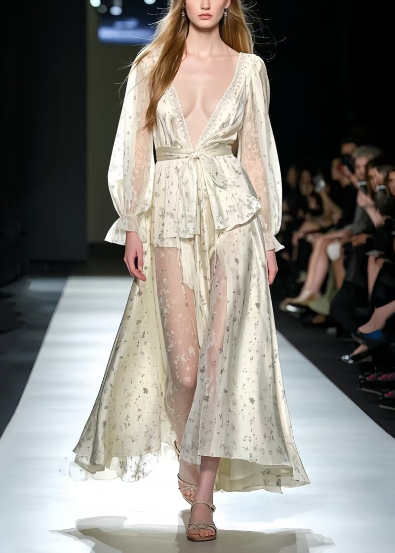 Apricot Deep-v Print Silk Holiday Dress Summer