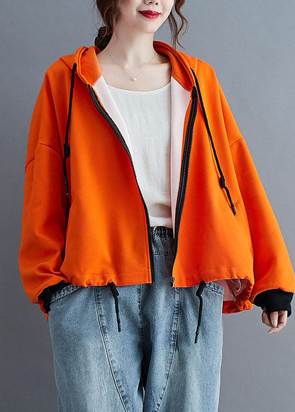 Unique Orange Hooded Zippered Drawstring Fall Jacket Long Sleeve