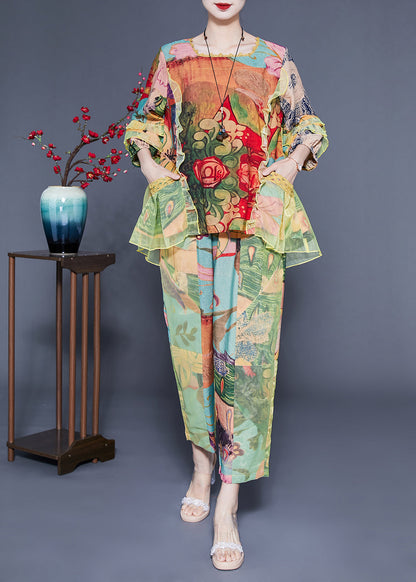 Light Green Ruffled Tulle Patchwork Print Silk Two Pieces Set Summer