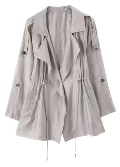 Grey Peter Pan Collar Drawstring Cotton Thin Coats Fall