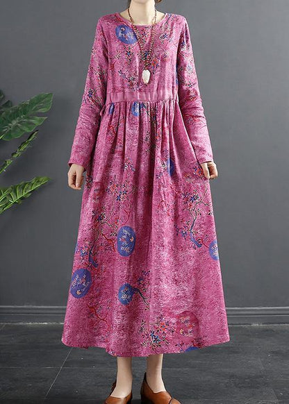 Rose Print Tunics O Neck Patchwork Maxi Dress