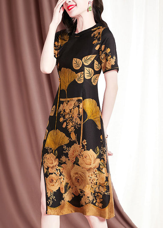 Fitted Black O-neck Print Side Open Silk Dress Short Sleeve