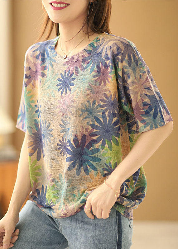 Diy Khaki O-neck Print Linen Knit Tanks Short Sleeve