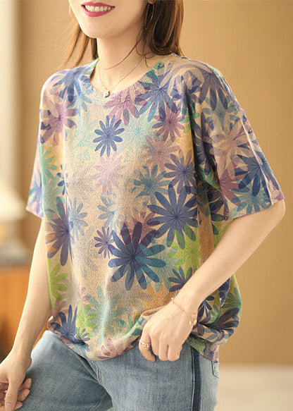 Diy Khaki O-neck Print Linen Knit Tanks Short Sleeve