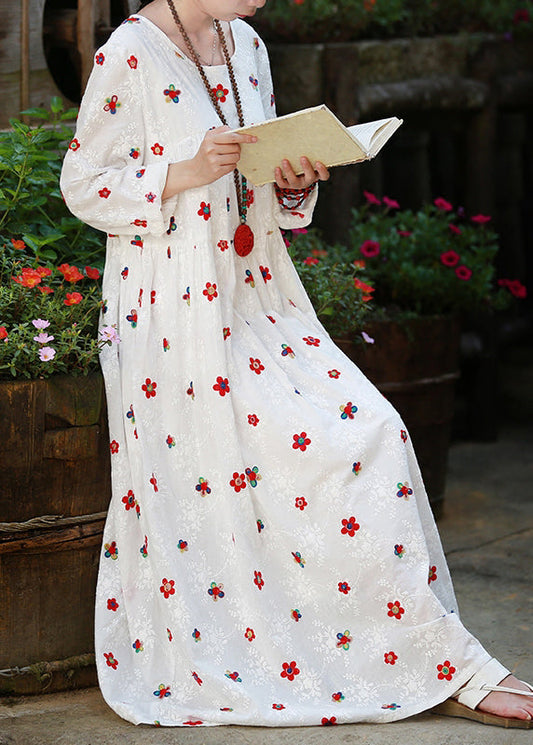White Cinched Embroidery High-waisted Long Dresses Long Sleeve
