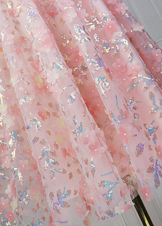 Modern Pink Embroideried High Waist Sequins Tulle Maxi Skirt Spring