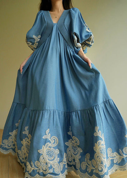 Blue Embroidered Vacation Maxi Dresses Summer