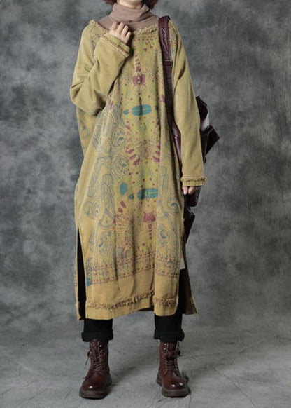 Unique Yellow O-neck Side Open Cotton Fall Dress Street Wear