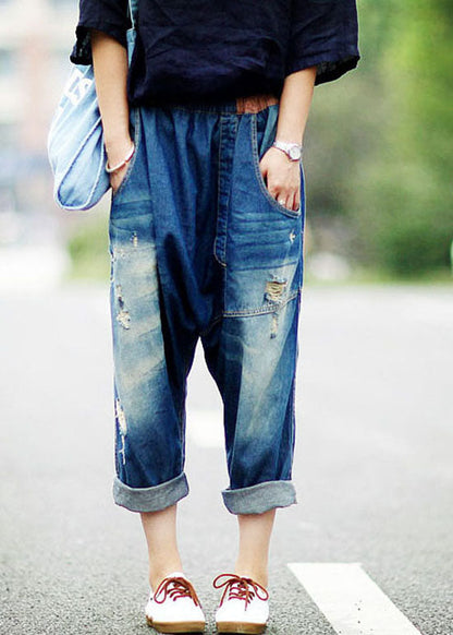 Dark Blue Asymmetrical Pockets Elastic Waist Ripped Jeans Spring