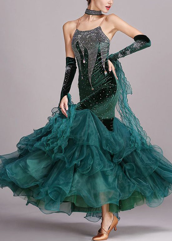 Blackish Green Zircon Tulle Patchwork Spaghetti Strap Dress Sleeveless