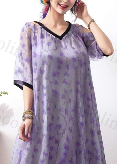 New Purple V Neck Print Silk Long Dresses Summer