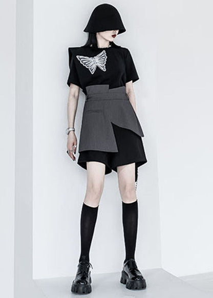 Black Grey Patchwork Asymmetrical Fake Tow Piece Wide Leg Shorts Summer
