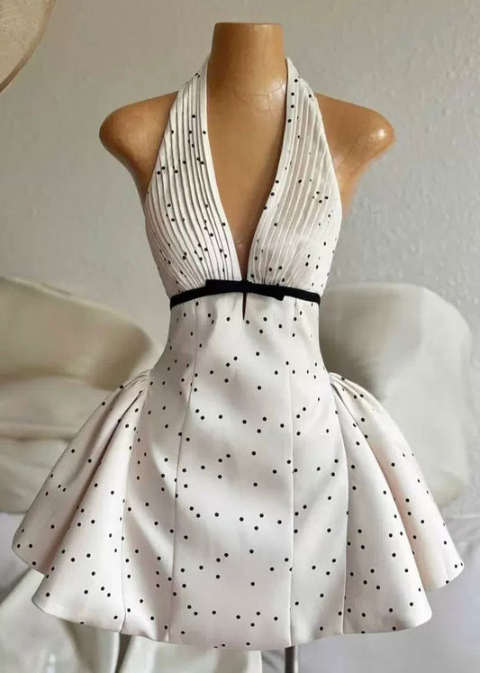 Beige V Neck Backless Dot Cotton Mini Dress Sleeveless
