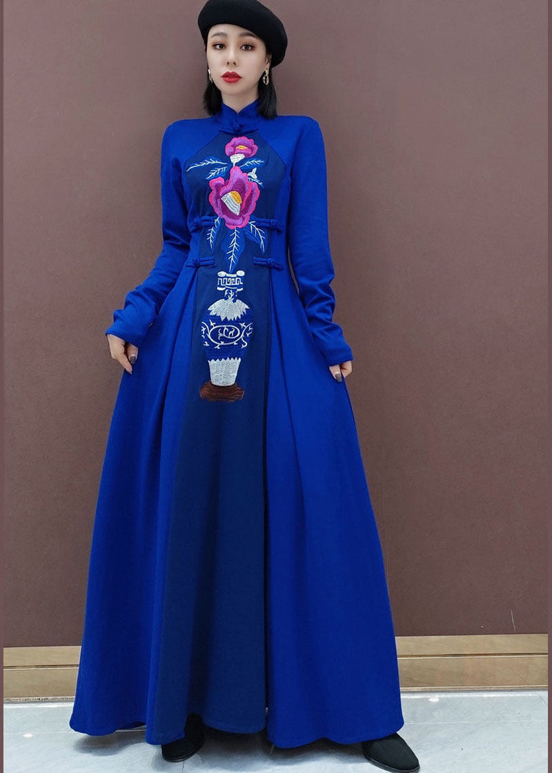 Blue Stand Collar Embroideried Long Dresses Spring